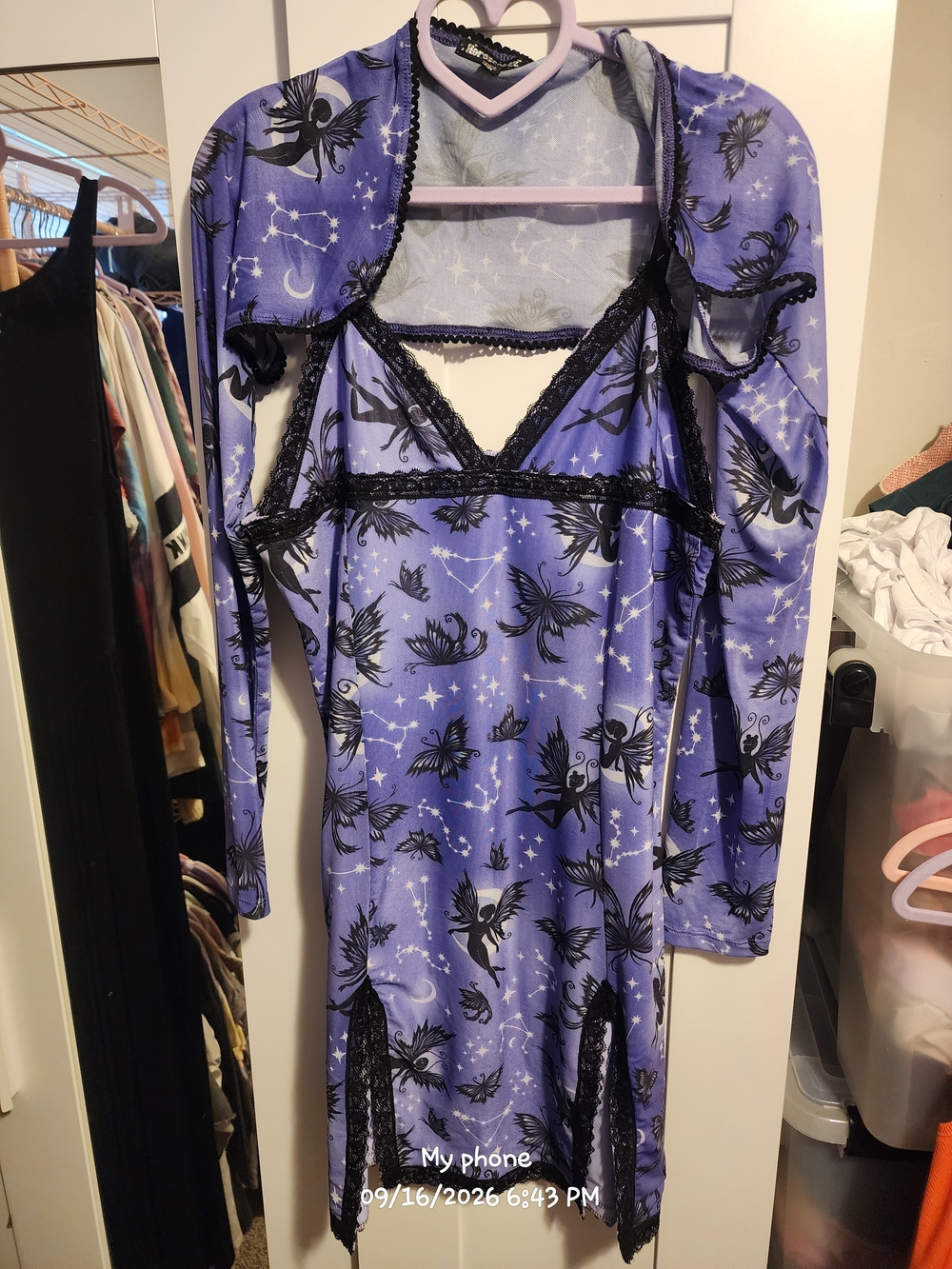 Lavender Mesh Nightdress with Black Lace & Celestial Print